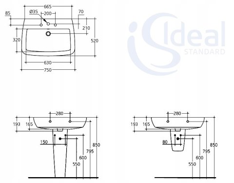 Ideal Standard Ventuno Umywalka podwieszana 75x52 cm, biała T043401 Ideal Standard Ventuno Umywalka podwieszana 75x52 cm, biała T043401