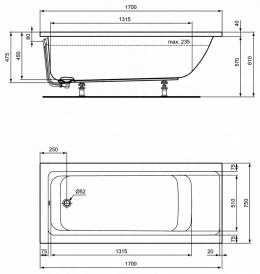 Wanna Ideal Standard Connect Air odpływ z boku 170 x 75 cm E106401