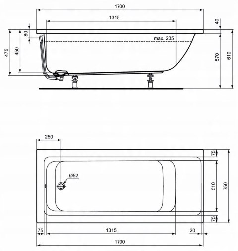 Wanna Ideal Standard Connect Air odpływ z boku 170 x 75 cm E106401 Wanna Ideal Standard Connect Air odpływ z boku 170 x 75 cm E106401